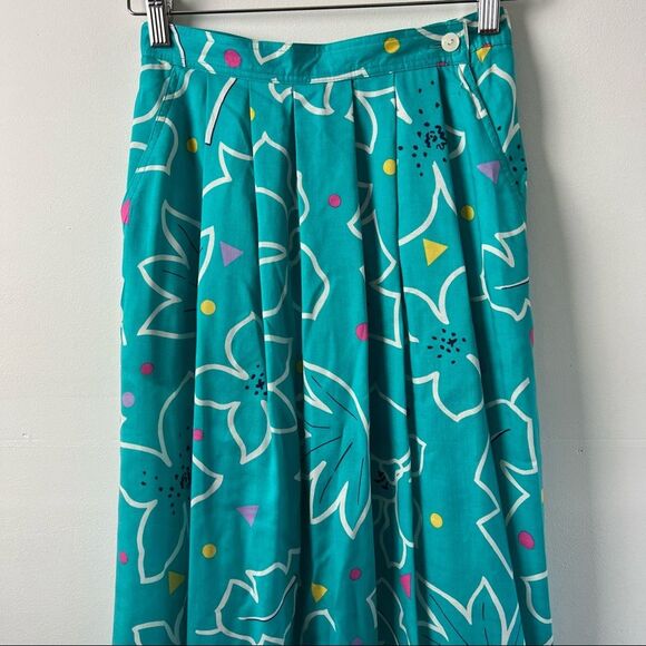 Chaus Vintage 80s Skirt MIDI Teal Vaporwave Polka Dot Flowers Womens Size 8 - Picture 11 of 11